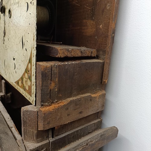 727 - A longcase clock, the arched square painted dial with a phase of the moon, in need of restoration