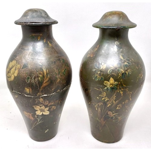 604 - A pair of papier mache painted urns, decorated flowers, 30 cm high