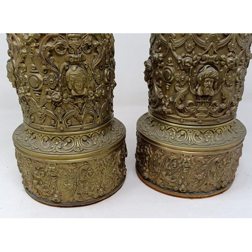 605 - A pair of brass lamps, with neo-classical decoration, 53 cm high (2)