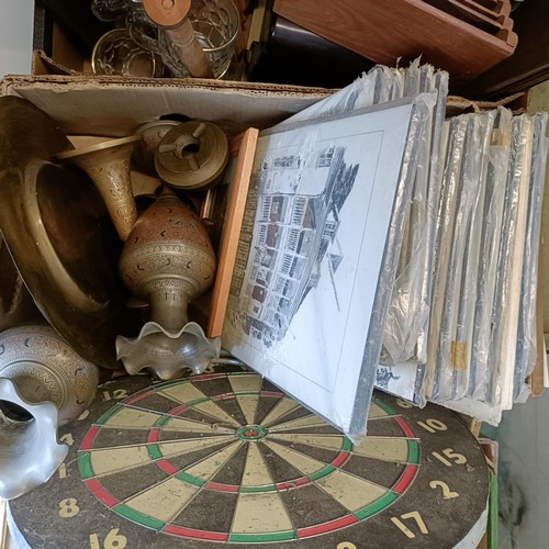 645 - A carved Indian hardwood table gong, a pair of Indian brass vases, a gramophone, 78 rpm records, ass... 