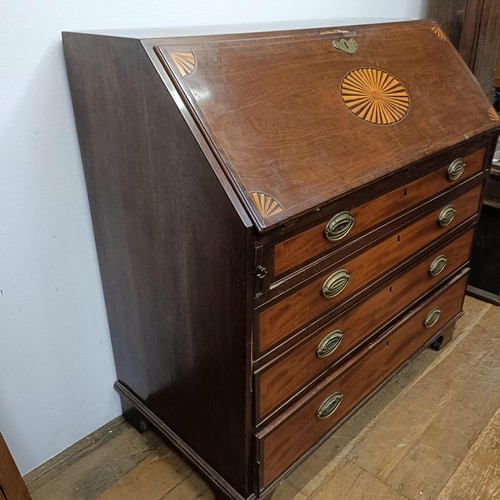 753 - A George III inlaid mahogany bureau, 110 cm wide