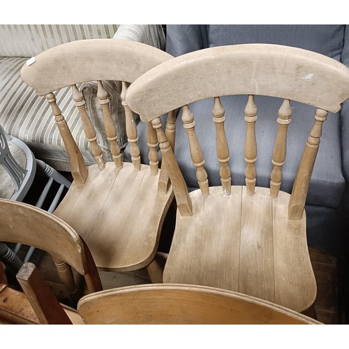 708 - A painted double seat, a set of four dining chairs, and assorted other furniture (qty)