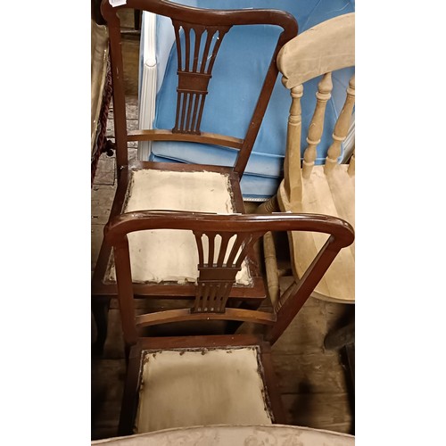 708 - A painted double seat, a set of four dining chairs, and assorted other furniture (qty)