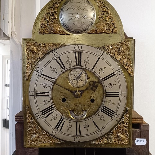 728 - A longcase clock, the brass dial signed Nathan Canthorpe, Skipton, with a silvered chapter ring, sub... 