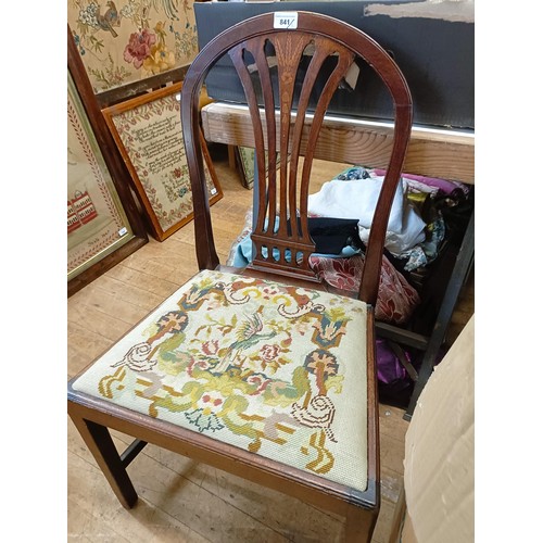 841 - A mahogany chair, a modern butlers tray, a embroidered rug, and a double bed frame (4)