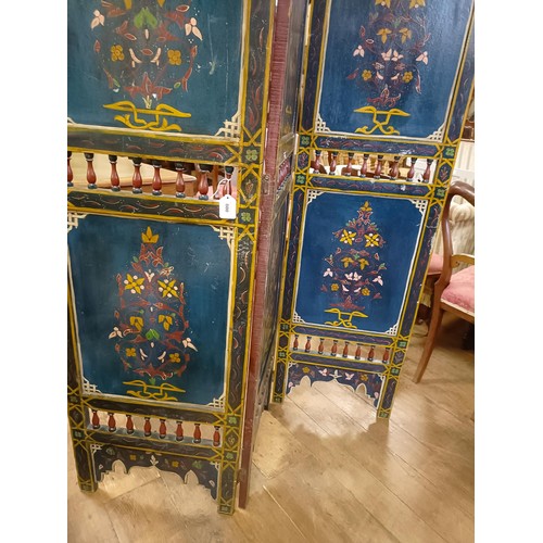 800 - A painted Moroccan four panel screen, each panel 186 x 45 cm