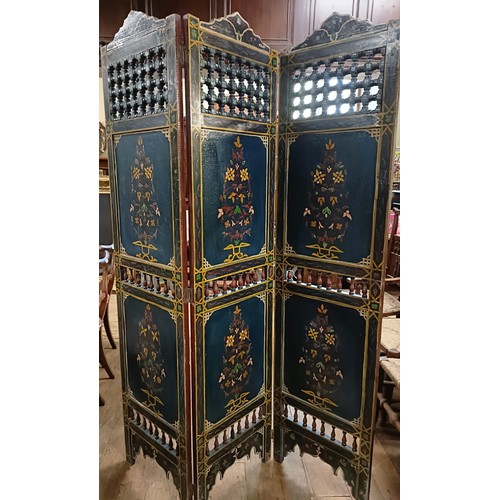 800 - A painted Moroccan four panel screen, each panel 186 x 45 cm