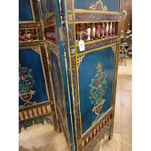 801 - A painted Moroccan four panel screen, each panel 187 x 45 cm