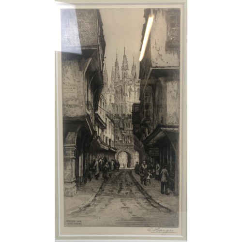 1142 - G Hayes, Mercery Lane, Canterbury, dry point etching, signed in pencil, 32 x 18 cm, John Bairstow, r... 