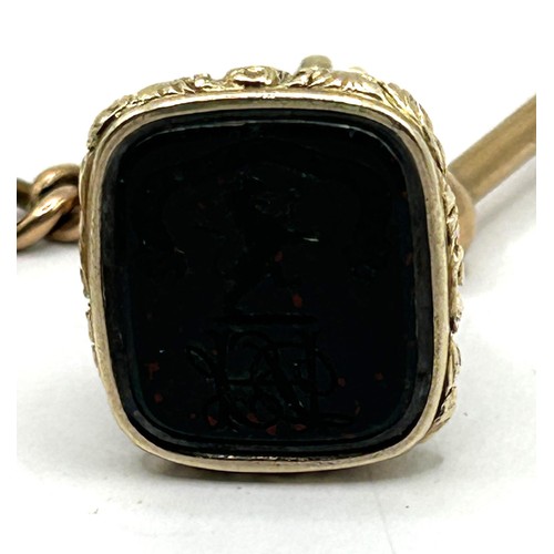 608 - A 9ct gold Albert, with a gilt metal and hardstone seal, 45.9 g (all in)