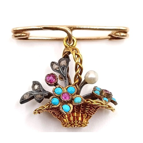 628 - A yellow metal, turquoise, seed pearl and coloured stone basket brooch