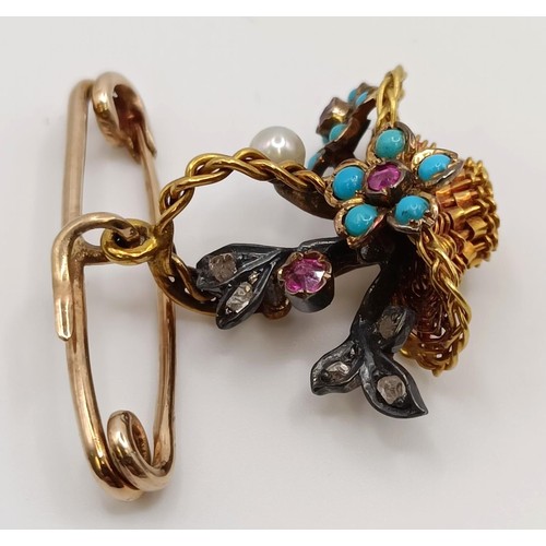 628 - A yellow metal, turquoise, seed pearl and coloured stone basket brooch