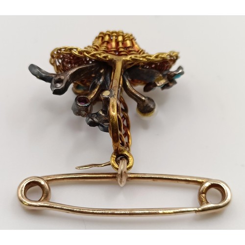 628 - A yellow metal, turquoise, seed pearl and coloured stone basket brooch