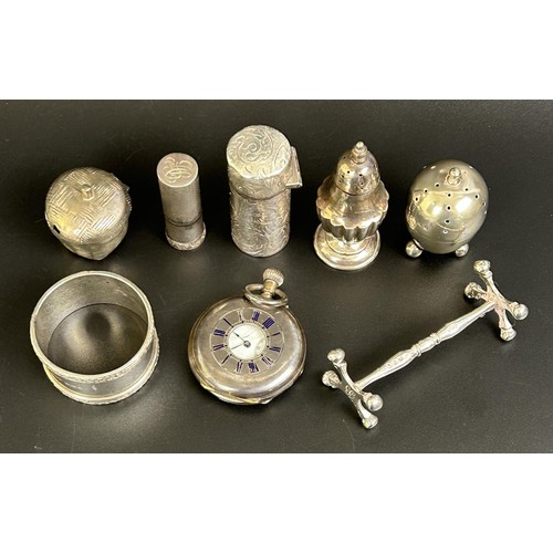 37 - A silver lipstick holder, a silver cased perfume bottle, a half hunter pocket watch, a napkin ring, ... 