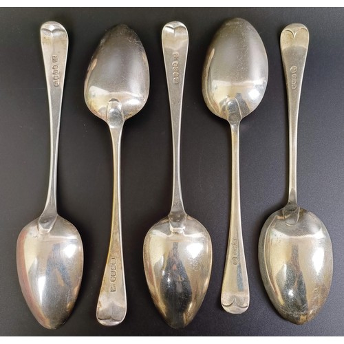 52 - A set of three George III silver Old English pattern serving spoons, and a pair of George V Old Engl...