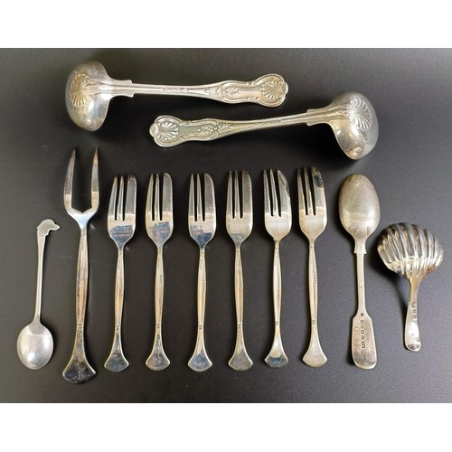 53 - A pair of Victorian silver Queen's pattern sauce ladles, London 1862, a caddy spoon with shell bowl,... 