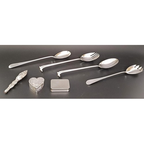 58 - A pair of George V silver salad servers, 2.8 ozt, a Dutch silver heart shaped box, a pair of silver ... 