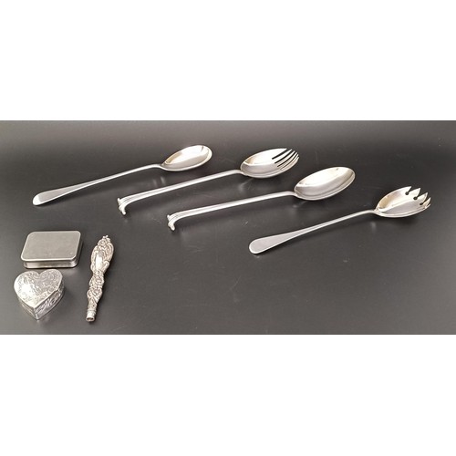 58 - A pair of George V silver salad servers, 2.8 ozt, a Dutch silver heart shaped box, a pair of silver ... 