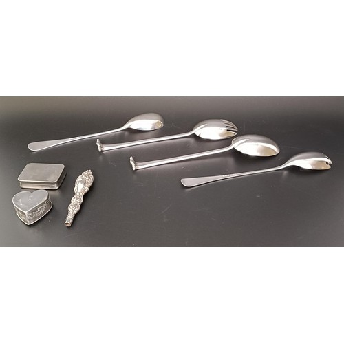 58 - A pair of George V silver salad servers, 2.8 ozt, a Dutch silver heart shaped box, a pair of silver ... 