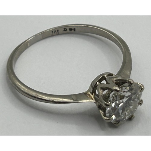 647 - An 18ct white gold and diamond solitaire ring, ring size N, in a vintage jewellery box, with a retai... 