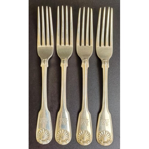 61 - A set of four early Victorian silver fiddle, thread and shell pattern dessert forks, London 1842, 6.... 