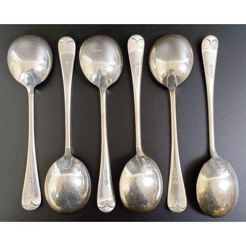 65 - A set of six silver Old English pattern soup spoons, Sheffield 1946, 13.9 ozt (6)