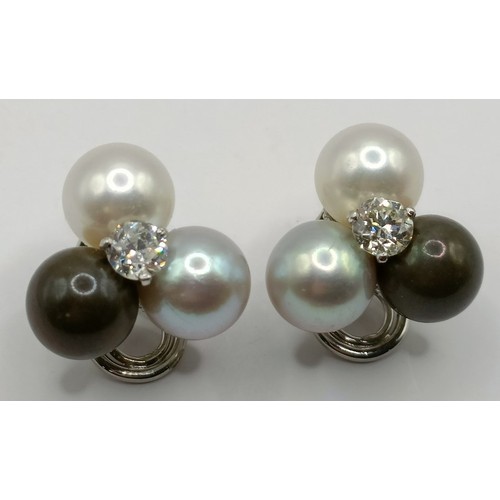 660 - A pair of 18ct white gold, diamond and multi-coloured pearl earrings