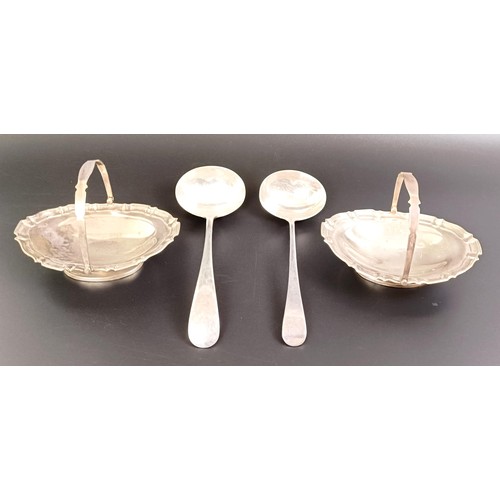 77 - A silver Old English pattern sauce ladle, another, and a pair of swing handle baskets, various dates... 