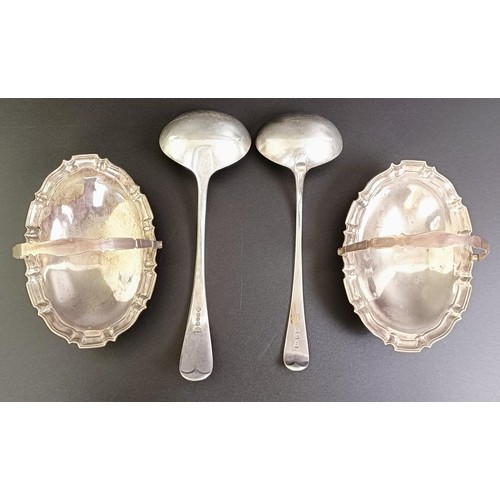 77 - A silver Old English pattern sauce ladle, another, and a pair of swing handle baskets, various dates... 