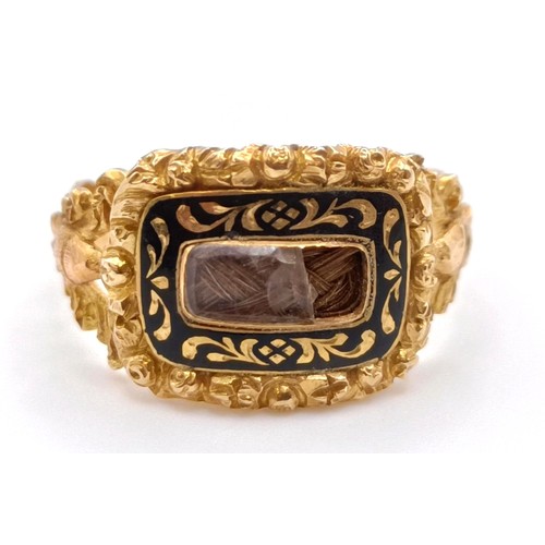 672 - A George IV gold and black enamel memorial ring, engraved Elizth Yates, Ob 27 September 1825, At 42 ... 