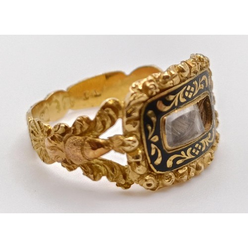 672 - A George IV gold and black enamel memorial ring, engraved Elizth Yates, Ob 27 September 1825, At 42 ... 