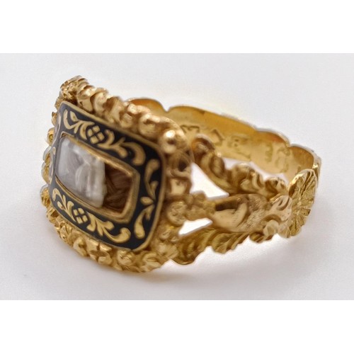 672 - A George IV gold and black enamel memorial ring, engraved Elizth Yates, Ob 27 September 1825, At 42 ... 