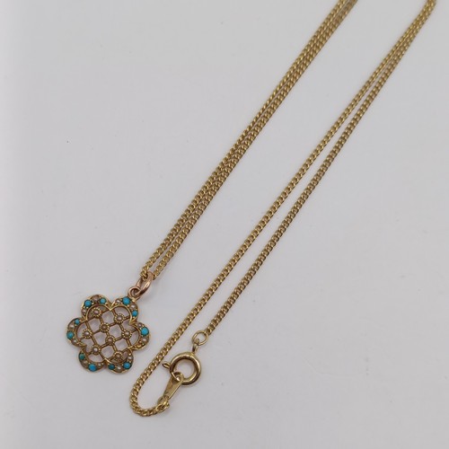 770 - A 15ct seed pearl and turquoise pendant, on a chain