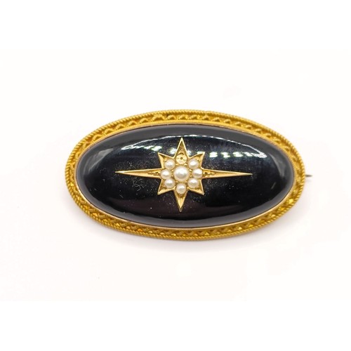 779 - A Victorian 15ct gold jet and seed pearl memorial brooch, engraved verso, H R 23 May 1891