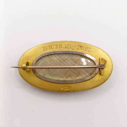 779 - A Victorian 15ct gold jet and seed pearl memorial brooch, engraved verso, H R 23 May 1891