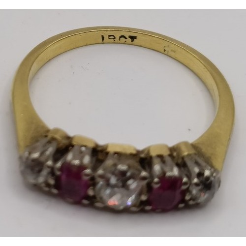 705 - An 18ct gold, ruby and diamond five stone ring, ring size L