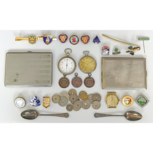 823 - A silver plated open face pocket watch, three silver medals, assorted badges, coins, a Strand stamp ... 