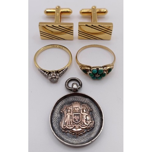 731 - A 9ct gold and turquoise ring, a 9ct gold and diamond ring, a pair of gold plated cufflinks, and a s... 