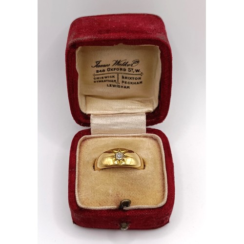 733 - An 18ct gold and diamond gypsy set ring, ring size J, 4.2 g (all in), in a vintage jewellery box