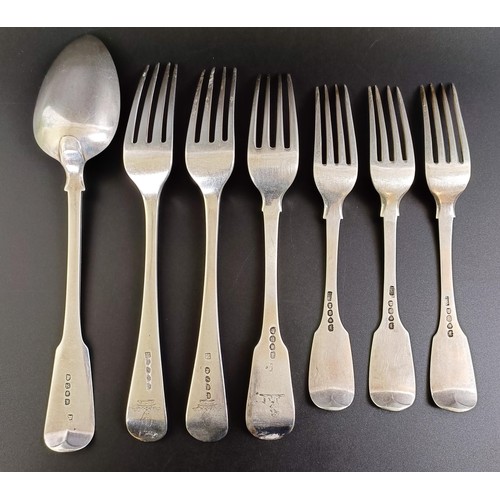 104 - A pair of silver Old English pattern table forks, four fiddle pattern forks, and a fiddle pattern se... 