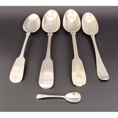 115 - A George III silver fiddle, thread and shell pattern fork, a fiddle pattern fork, four silver spoons... 