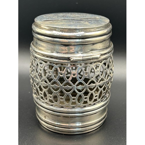 125 - A Victorian silver pierced money box, in the form of a barrel, inscribed, London 1900, 2.4 ozt, 7.5 ... 