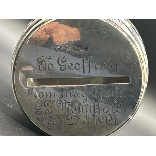 125 - A Victorian silver pierced money box, in the form of a barrel, inscribed, London 1900, 2.4 ozt, 7.5 ... 