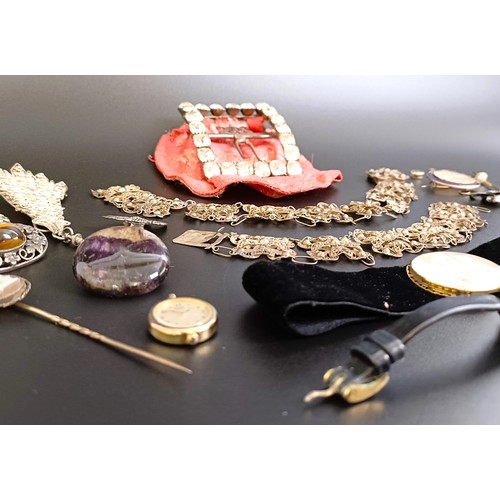 832 - A gold plated pencil, a paste set buckle, and assorted costume jewellery