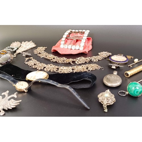 832 - A gold plated pencil, a paste set buckle, and assorted costume jewellery