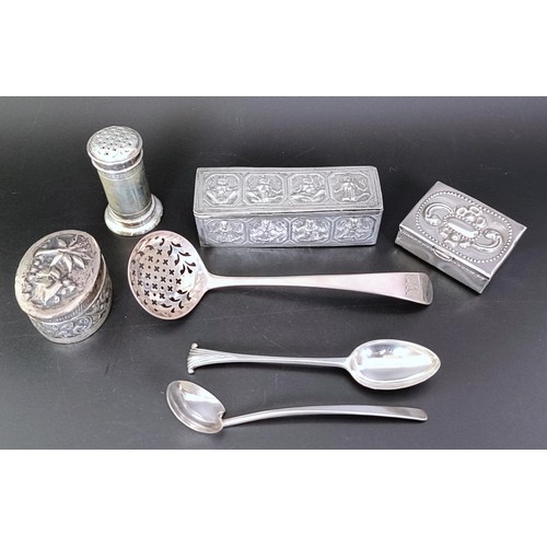 175 - An Eastern silver coloured metal box, an Old English pattern sifting spoon, two boxes, two spoons an... 