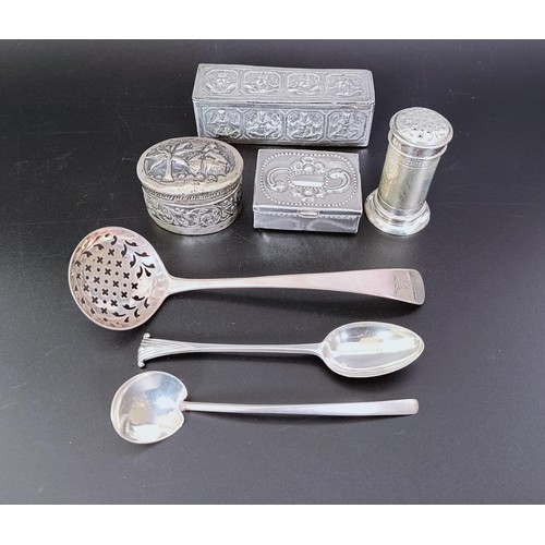 175 - An Eastern silver coloured metal box, an Old English pattern sifting spoon, two boxes, two spoons an... 