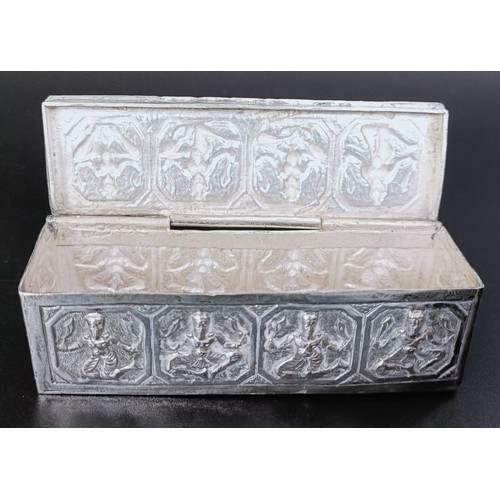 175 - An Eastern silver coloured metal box, an Old English pattern sifting spoon, two boxes, two spoons an... 