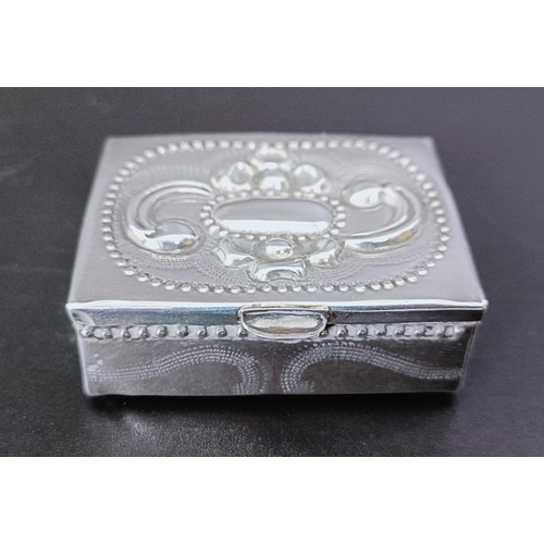 175 - An Eastern silver coloured metal box, an Old English pattern sifting spoon, two boxes, two spoons an... 