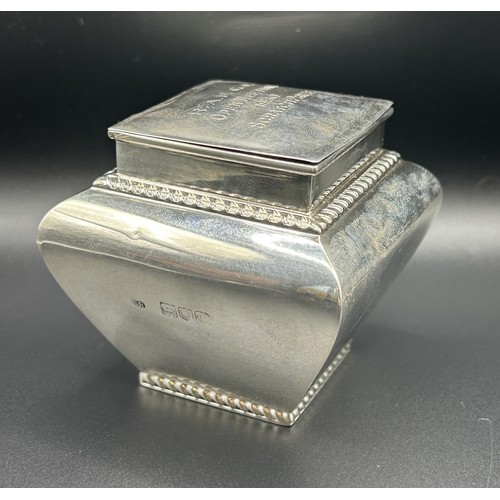 155 - A Victorian silver tea caddy, inscribed, London 1898, 3.5 ozt, 7 cm high